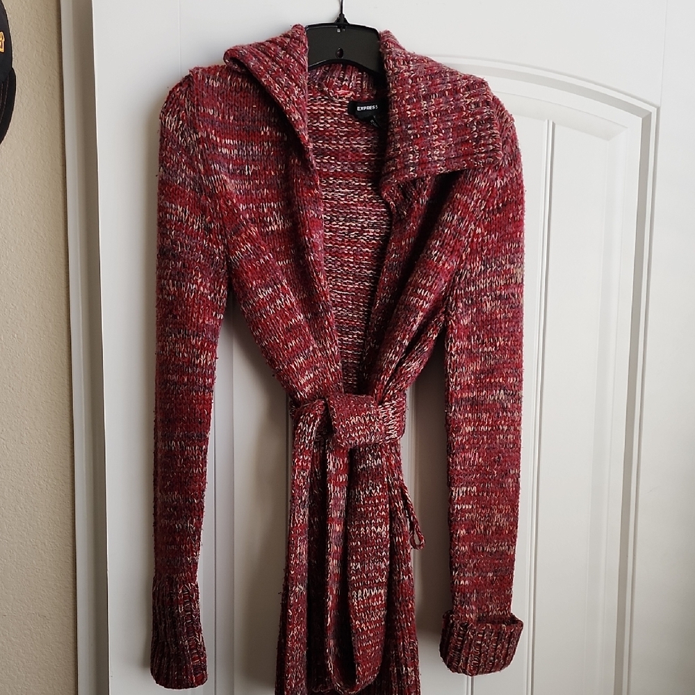Express Red Cardigan with Shawl Collar and Chunky Knit